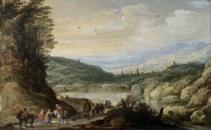 Landscape by Joos de Momper (II), created 1590 - 1635, in panel; oil paint (paint). Download this artwork as a high-resolution wallpaper for desktop, tablet, or — Joos de Momper (II) Wallpaper
