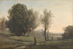 Landscape by Jean-Baptiste-Camille Corot, created c. 1872, in canvas; oil paint (paint). Download this artwork as a high-resolution wallpaper for desktop, table