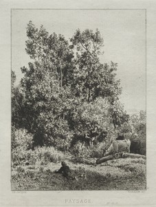 Landscape by Charles Emile Jacque, created 1864, in etching. Download this artwork as a high-resolution wallpaper for desktop, tablet, or mobile. — Charles Emile Jacque Wallpaper