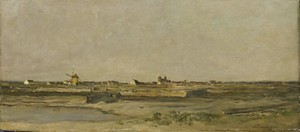 Landscape by Charles-François Daubigny, created 1840 - 1878, in panel; oil paint (paint). Download this artwork as a high-resolution wallpaper for desktop, tabl — Charles-François Daubigny Wallpaper