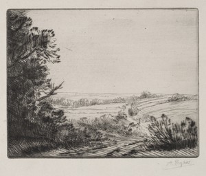 Landscape by Alphonse Legros, created c. 1857–1911, in etching. Download this artwork as a high-resolution wallpaper for desktop, tablet, or mobile. — Alphonse Legros Wallpaper