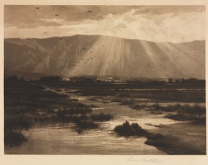Landscape by George Percival Gaskell, created 1883–1934, in aquatint with etching and roulette on chine collé. Download this artwork as a high-resolution wallpa — George Percival Gaskell Wallpaper