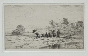 Landscape, Labourers by Charles Emile Jacque, created 1845, in etching. Download this artwork as a high-resolution wallpaper for desktop, tablet, or mobile. — Charles Emile Jacque Wallpaper