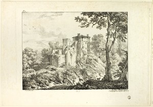 Landscape, plate I by Achille Etna Michallon, created 1817, in Lithograph in black on ivory laid paper. Download this artwork as a high-resolution wallpaper for — Illustration Wallpaper