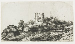 Landscape with a square tower by Rembrandt van Rijn, created 1650, in paper; etching; drypoint. Download this artwork as a high-resolution wallpaper for desktop — Rembrandt van Rijn Wallpaper