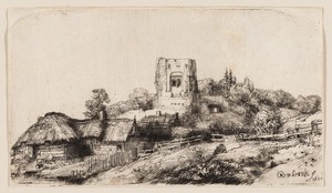 Landscape with a Square Tower by Rembrandt van Rijn, created 1650, in Etching and drypoint in black on off-white laid paper. Download this artwork as a high-res — Illustration Wallpaper