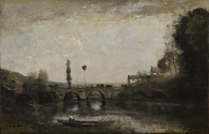 Landscape with Bridge by Jean-Baptiste-Camille Corot, created ca. 1865-1870, in oil on panel. Download this artwork as a high-resolution wallpaper for desktop, 