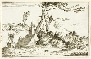 Landscape with Classical Statue by Louis Gabriel Moreau, created 1779/97, in Etching on paper. Download this artwork as a high-resolution wallpaper for desktop, — Illustration Wallpaper
