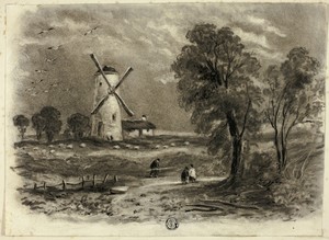 Landscape with Windmill by Elizabeth Murray, created September 1850, in Charcoal and stumping and scraping with brush and black ink on ivory wove paper tipped o — Elizabeth Murray Wallpaper