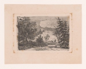 Landschap by Edmond Lambrichs, created 1840 - 1887, in paper; chine collé; etching; intaglio printmaking technique. Download this artwork as a high-resolution w — Edmond Lambrichs Wallpaper
