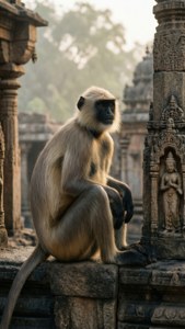 Un langur appollaiato su una rovina di tempio nella luce mattutina nebbiosa.