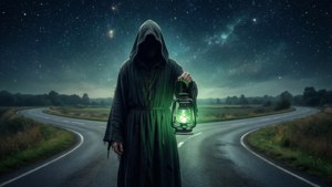 Une figure encapuchonnée avec une lanterne verte se tient à un carrefour sous un ciel étoilé.
