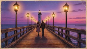 Eine romantische Vintage-Pier-Tapete mit Laternen und einem Paar in der Dämmerung.