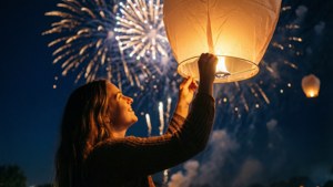 En kvinde slipper en lygte ud i nattehimlen med fyrværkeri, festlig stemning.