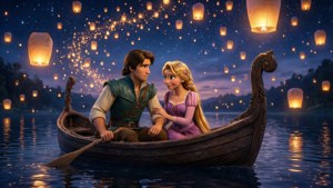 Die ikonische Laternen-Szene mit Flynn und Rapunzel im Boot.