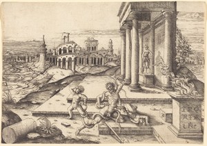 Laocoon by Jean de Gourmont I, in engraving. Download this artwork as a high-resolution wallpaper for desktop, tablet, or mobile. — Jean de Gourmont I Wallpaper