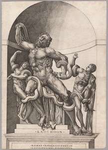 Laocoön by Nicolas Beatrizet, created 1540/65, in Engraving in black on pieced, cream laid paper. Download this artwork as a high-resolution wallpaper for deskt — Nicolas Beatrizet Wallpaper