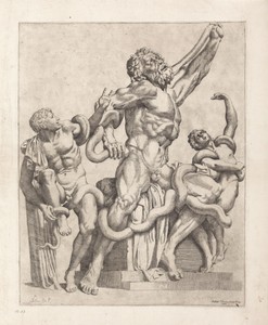 Laocoöngroep by Sisto Badalocchio, created 1606, in paper; etching. Download this artwork as a high-resolution wallpaper for desktop, tablet, or mobile. — Sisto Badalocchio Wallpaper