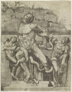 Laocoöngroep by Marco Dente, created 1498 - 1532, in paper; engraving. Download this artwork as a high-resolution wallpaper for desktop, tablet, or mobile. — Marco Dente Wallpaper