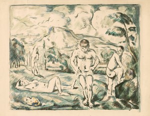 Large Bathers by Paul Cezanne, created 1896–c. 1898, in Color lithograph with hand-coloring on cream wove paper. Download this artwork as a high-resolution wall