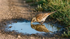 Uma cotovia bebe água de uma poça em uma estrada rústica, refletindo uma manhã tranquila.