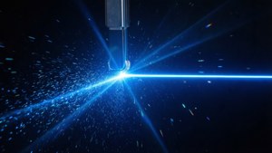 En smal blå laserstråle som skär genom mörkret med partikeleffekter.