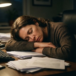 A cozy, intimate wallpaper capturing Maria Ross taking a nap at her desk after late work.