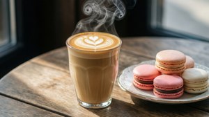 Latte con vapore e macarons, dolce aroma di caffè e mandorla.