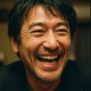 Lähikuva Takeshi Kitanosta nauraen, lämmin valaistus, rehellinen ja inhimillinen