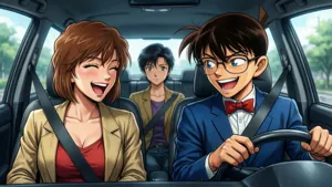 Masumi Sera och Conan Edogawa skrattar tillsammans i en polisbil, med Ran Mouri i närheten.