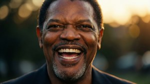Ritratto ravvicinato di Samuel Jackson che ride con illuminazione calda