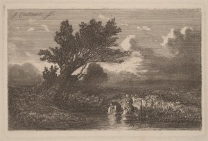 Laundresses by Alexandre Calame, created 1840, in etching. Download this artwork as a high-resolution wallpaper for desktop, tablet, or mobile. — Alexandre Calame Wallpaper