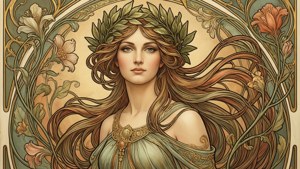Wallpaper Art Nouveau menampilkan wanita bermahkota laurel dengan rambut tergerai dan sulur bunga oleh Adolphe Giraldon