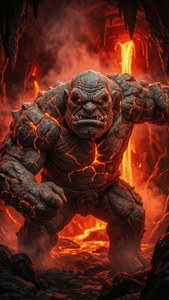 Thwomp intenso em uma caverna de lava com rachaduras brilhantes e fumaça.