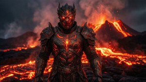 Lairon står framför glödande lava i en vulkan.