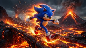 Sonic sfreccia su un ponte di lava in un paesaggio vulcanico.