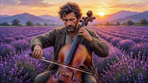 Juan Antonio González spiller cello i et lavendelfelt ved solnedgang, impressionistisk tapet.