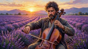 Juan Antonio González speelt cello in een lavendelveld bij zonsondergang, impressionistisch behang.