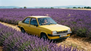 Gul Opel Kadett i et lavendelfelt.