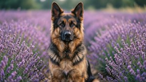 Elegant tysk schäferhund i lavendelfält.