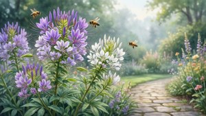 Rustige tuin met Constetin von Ettinghausen bloemen die bloeien in lavendel en wit, aquarelstijl