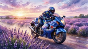 Pintura em aquarela da Suzuki Hayabusa em um campo de lavanda ao entardecer
