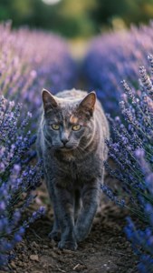 A graceful Chartreux cat walking through a lavender field with soft purple tones.