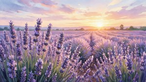 Wallpaper lukisan cat air ladang lavender di bawah langit matahari terbenam