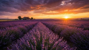 Panoramisk 6K lavendelfelt ved solnedgang med gårdshus