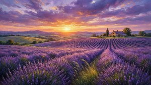 A serene lavender field at sunset in impressionist style ultra-wide