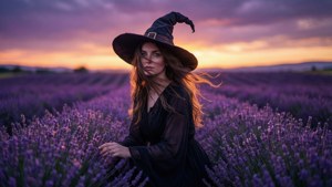 Una strega si trova in un campo di lavanda al crepuscolo.