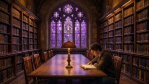 Interior da biblioteca de direito da NYU com estudante lendo e vitral