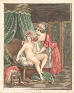 Le Bain by Louis-Marin Bonnet, in color stipple. Download this artwork as a high-resolution wallpaper for desktop, tablet, or mobile. — Louis-Marin Bonnet Wallpaper