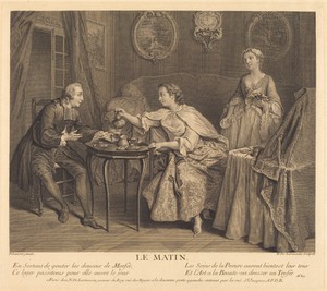 Le matin by Nicolas de Larmessin (III), created 1741, in engraving and etching. Download this artwork as a high-resolution wallpaper for desktop, tablet, or mob — Nicolas de Larmessin (III) Wallpaper